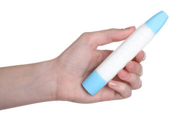 Woman with glue stick on white background, closeup