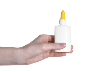 Woman with bottle of glue on white background, closeup