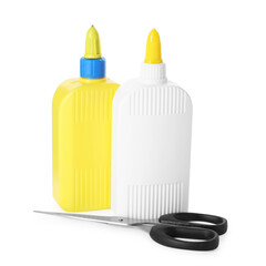 Bottles of glue and scissors isolated on white