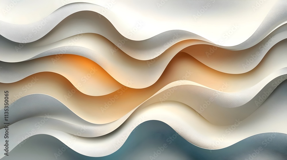 Poster an abstract composition featuring flowing waves in soft cream and orange tones, creating a serene an