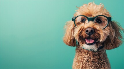 : A friendly Golden Doodle with oversized, round glasses, standing joyfully against a solid light green background. The glasses enhance the dog???s warm, approachable demeanor.