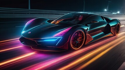 Long exposure Image powerful acceleration of futuristic sports supercar on neon night highway track with colorful lights and trails