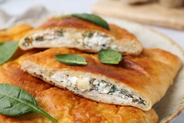 Pieces of tasty calzone with basil and cheese on plate, closeup
