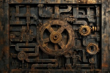 Rusty gears, metal framework, intricate design.