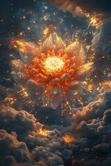 Fototapeta premium Fiery lotus flower exploding in a cosmic sky.