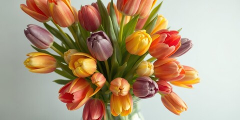Vibrant tulips in a glass vase, displaying a rainbow of colors, spring flowers, yellow tulips