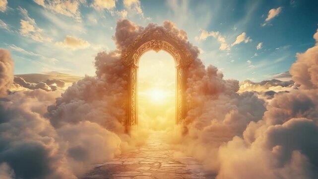 Heaven gates in cloudy sky background. Entrance to paradise with angel statues. Divine journey concept. Christian religion.
