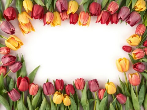 Vibrant tulips form a colorful border, leaving ample space for text, floral background, marketing