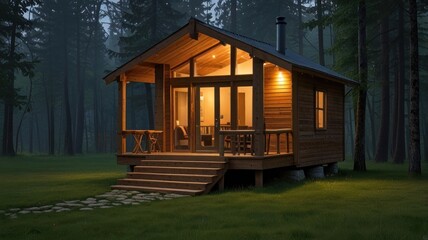 Fototapeta premium Cozy cabin in misty forest at night.