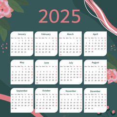 Calendar 2025. calendar template on navy background. Designed with flowers and geometric design. week starts on monday