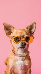 : A playful Chihuahua with tiny, gold-rimmed glasses, sitting confidently against a solid pink background. The glasses add a cute, spirited touch to the dog???s look.
