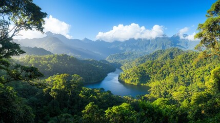 Obraz premium Lush green landscape with a winding river and mountains under a blue sky.