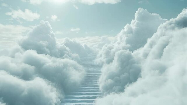 Stairs to paradise in cloudy sky. Heaven stairway. Divine journey concept. Christian religion. Success and achievement. Cloud Dancer - Color of the year 2026