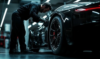 Mechanic detailing dark vehicle's body, wheel.