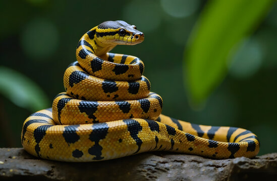 Tiger python curled up in the shape of a Christmas tree in its natural habitat.