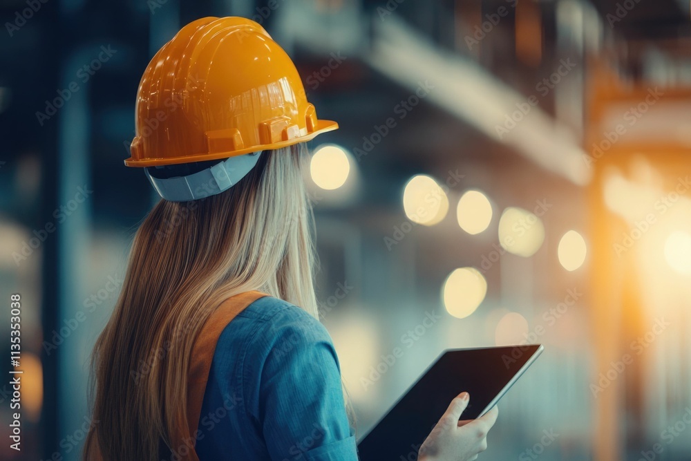 Poster civil engineer or architect with hardhat on construction site checking schedule on tablet computer