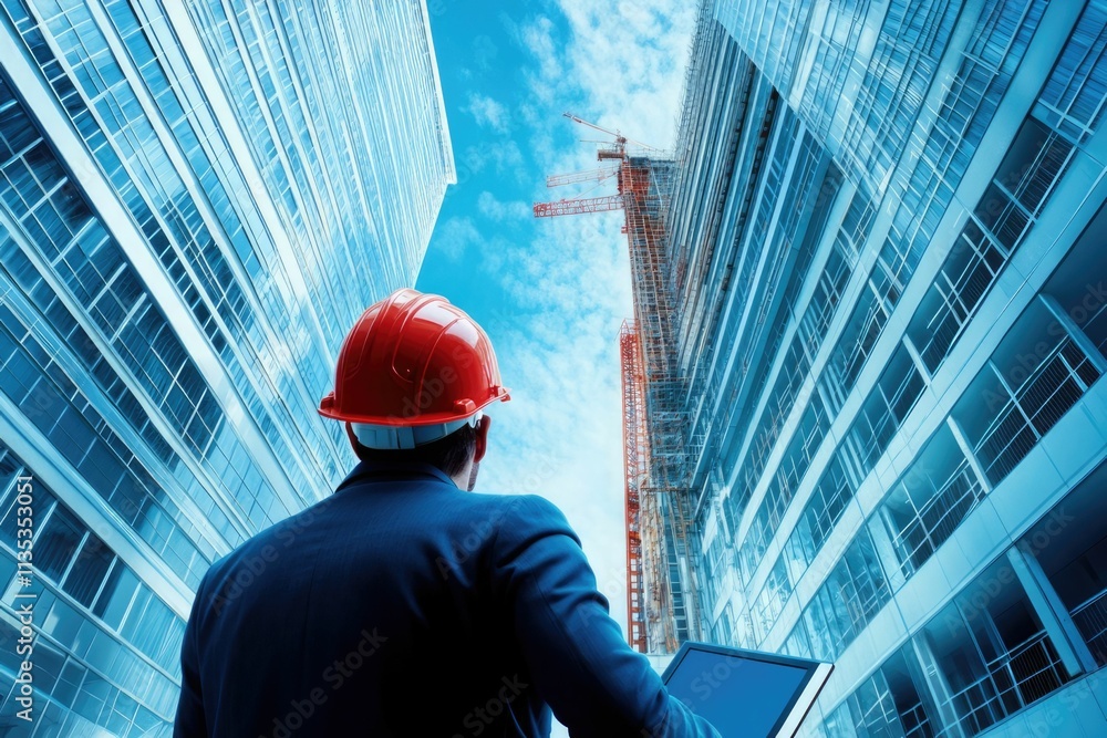 Poster civil engineer or architect with hardhat on construction site checking schedule on tablet computer