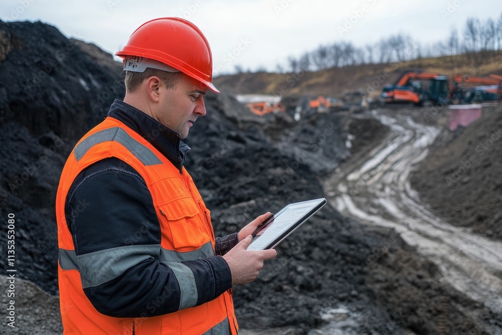 Aufkleber civil engineer or architect with hardhat on construction site checking schedule on tablet computer