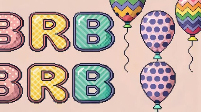 Pixel Party A BRB banner composed of colorful pixel art balloons floating across a light pink background. Each letter of BRB is designed with different vivid patterns showcasing a