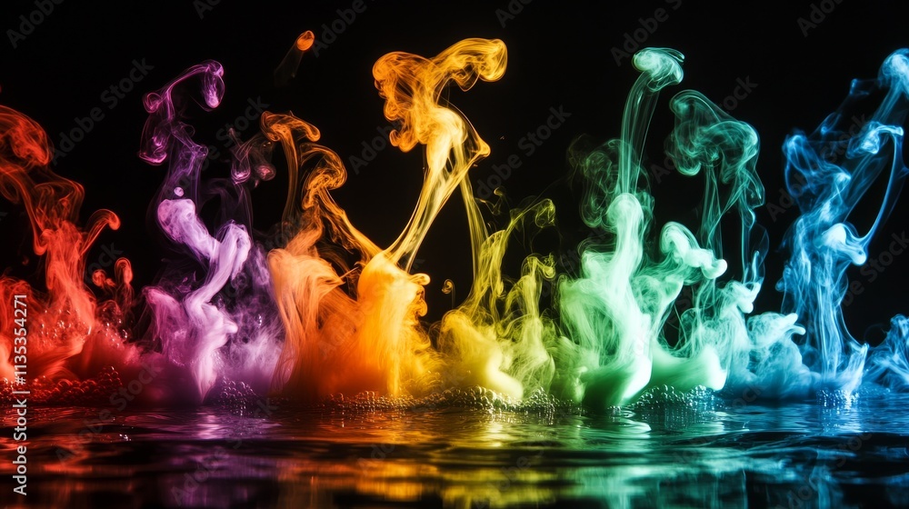 Poster stunning rainbow-hued ink smoke clouds rising above a reflective surface. perfect for adding a touch