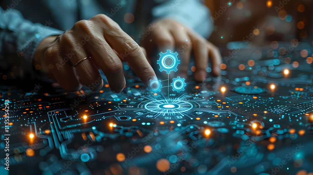 Poster digital transformation: a pair of hands interacts with a glowing digital interface, showcasing gears