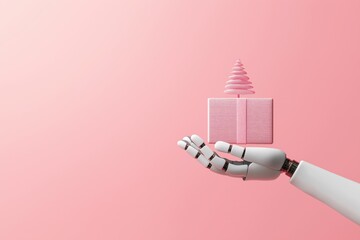 Robotic hand presenting gift box with floating abstract christmas tree on pastel pink background