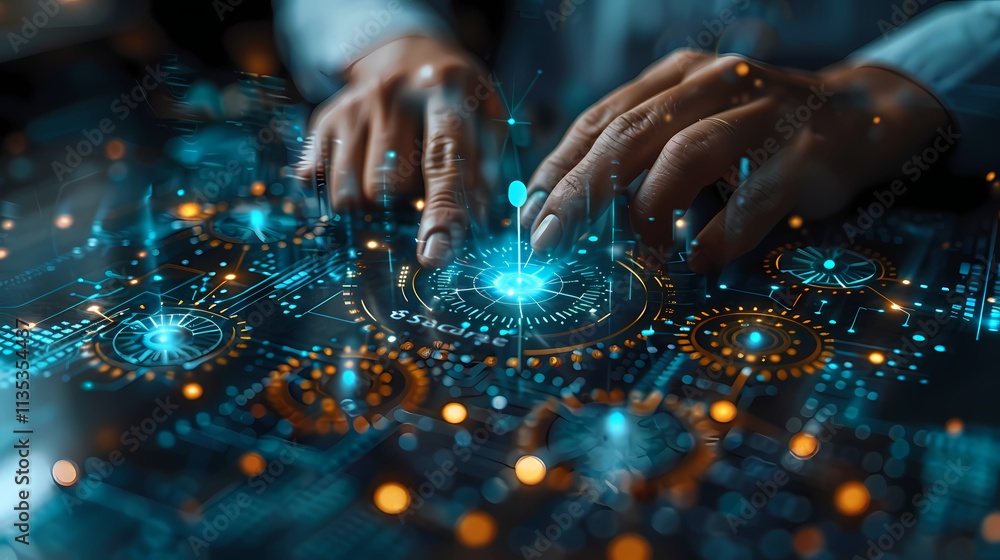 Poster tech wizardry: close-up of hands manipulating a futuristic interface, a vibrant digital landscape wi