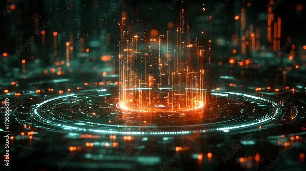 Poster futuristic holographic cash flow data visualization symbolizing business dynamics