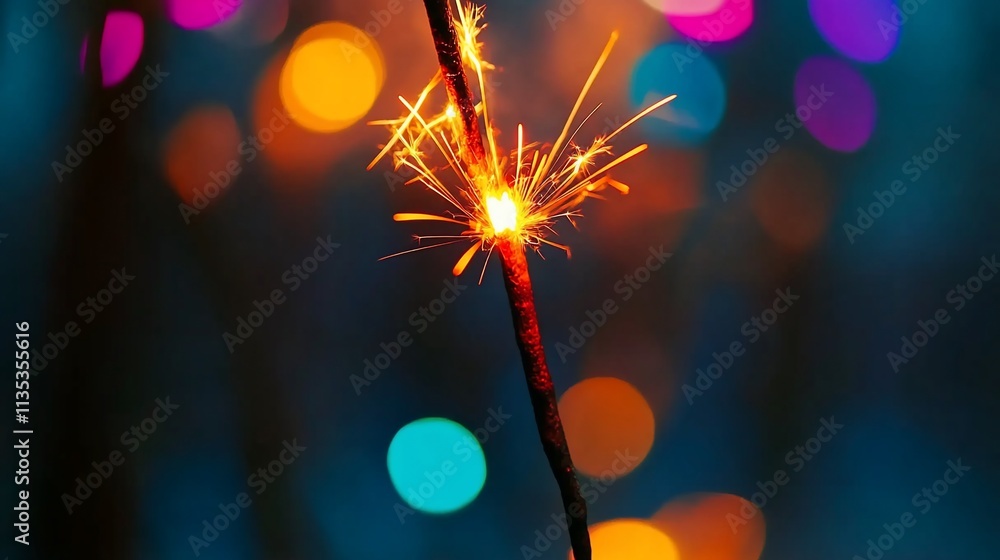 Poster burning sparkler with bokeh lights.