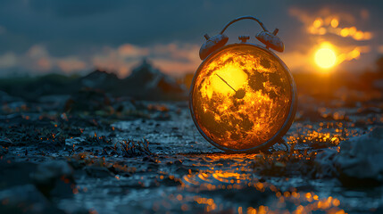 Burning Clock:  A surreal image of an antique alarm clock reflecting a fiery sunset, the earth seemingly ablaze within its glass face, conveying urgency and the passage of time. 