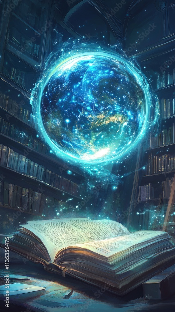 Poster a captivating, blue earth-like orb floats over an open book in a dimly lit library, symbolizing the 