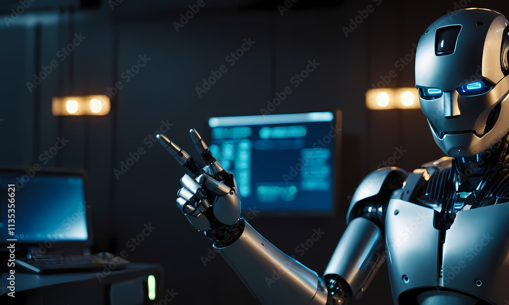 Poster android's insight: an advanced humanoid robot with piercing blue eyes and a sleek metallic exterior 