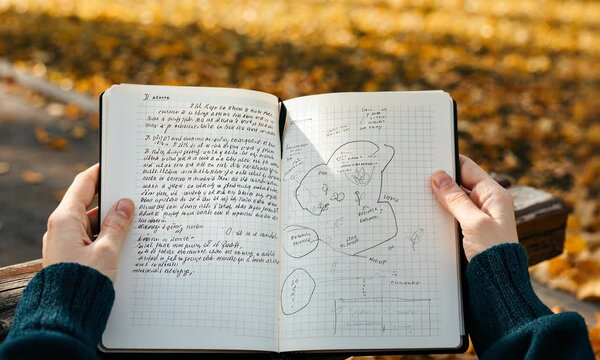 Woman reading written text and map sketch in notebook, outdoors autumn