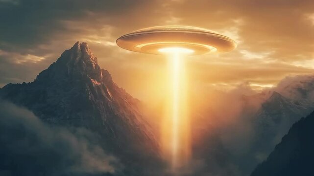 UFO hovering over mountains at night. Mysterious alien spaceship in alpine landscape. Science fiction concept