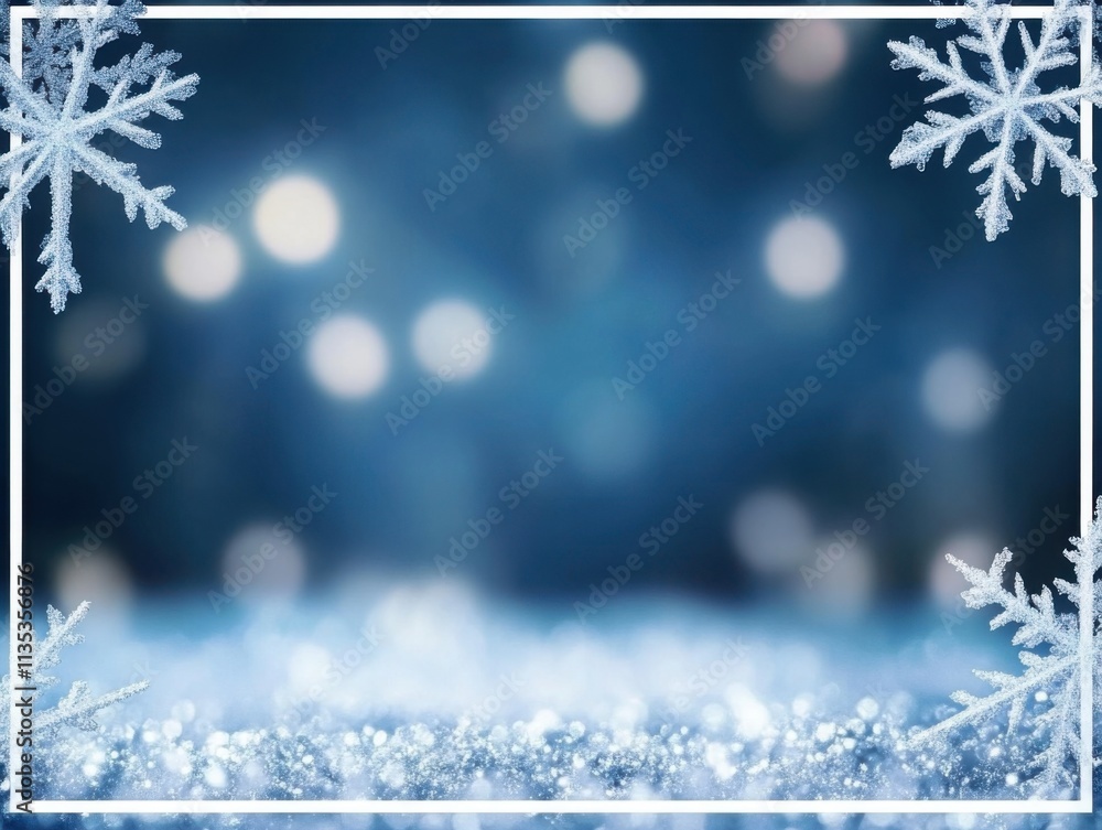 Aufkleber Christmas-themed background with snowflakes and bokeh lights, white border frame on a blue gradient background, empty space in the middle for text