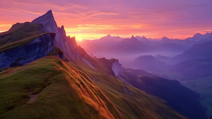 Naklejka premium Autumn mountains at sunrise in Switzerland.
