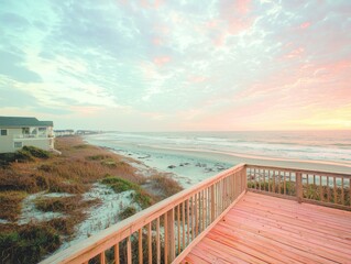 Obraz premium Scenic beach view at sunset with a wooden deck and coastal landscape.