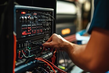 Person connecting audio equipment cables.