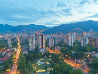 Obraz premium Scenic city view at dusk with mountains and urban lights.
