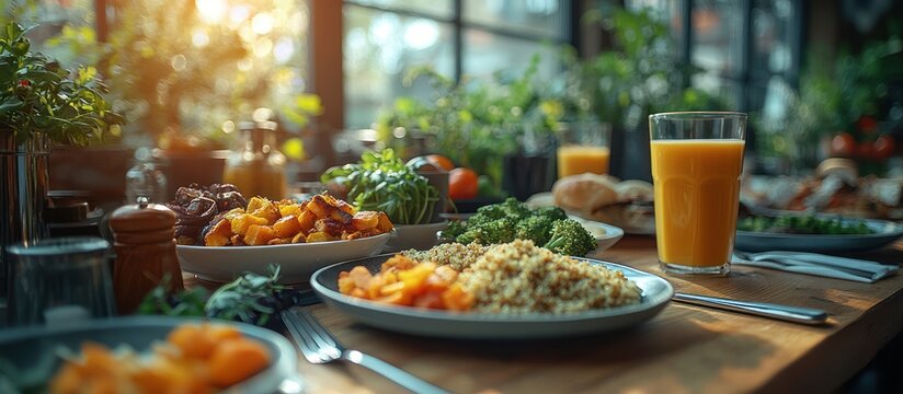 Sunlit table with healthy meal, roasted vegetables, grains, and juice.