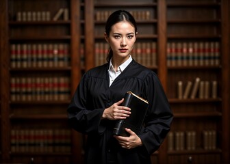 A woman in a black robe holding a book