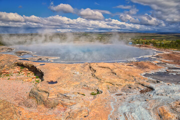 The Great Geysir and Strokkur geyser Golden Circle south-western Iceland, Haukadalur valley Laugarfjall lava dome, Europe.
