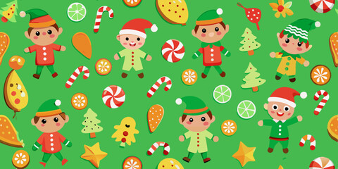 Fototapeta premium A seamless pattern featuring numerous small, stylized Christmas elves. The elves are depicted in various positions, with a consistent, childlike design.