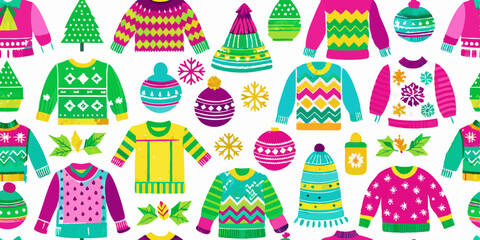 A repeating pattern of brightly colored Christmas sweaters, hats, ornaments, and Christmas trees