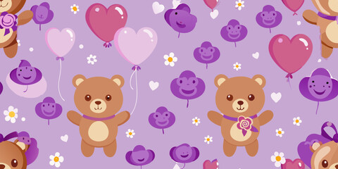A seamless pattern featuring small, cartoon teddy bears.  The bears are light brown with simple features, large eyes, and a friendly expression
