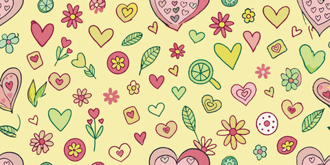 A seamless pattern of simple, hand-drawn hearts, flowers, leaves, and small decorative elements.  The design features various shades of pastel pink, peach