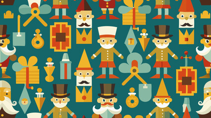 Fototapeta premium A repeating pattern of stylized gnome-like figures and objects. The gnomes are depicted in various poses, with flat, geometric shapes for clothing, hats, and accessories