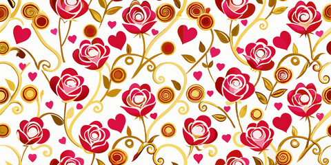 A seamless pattern of stylized roses.  Many detailed, red roses with hints of pink and white in the center are scattered across a white background