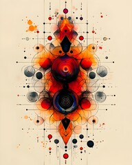 An abstract digital artwork featuring vibrant circles and geometric shapes in red, black, and orange tones, creating a striking symmetric design on a beige background.