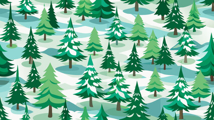 Fototapeta premium A repeating pattern of stylized evergreen trees. The trees vary slightly in shade of green but are mostly vibrant